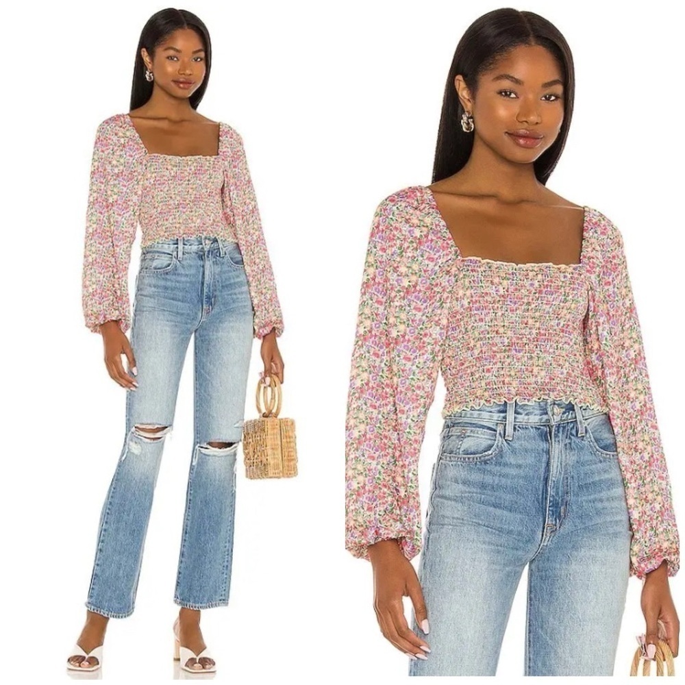 Resa Chevy Floral Print Ruched Ballon Sleeve Top in Pink Charleston